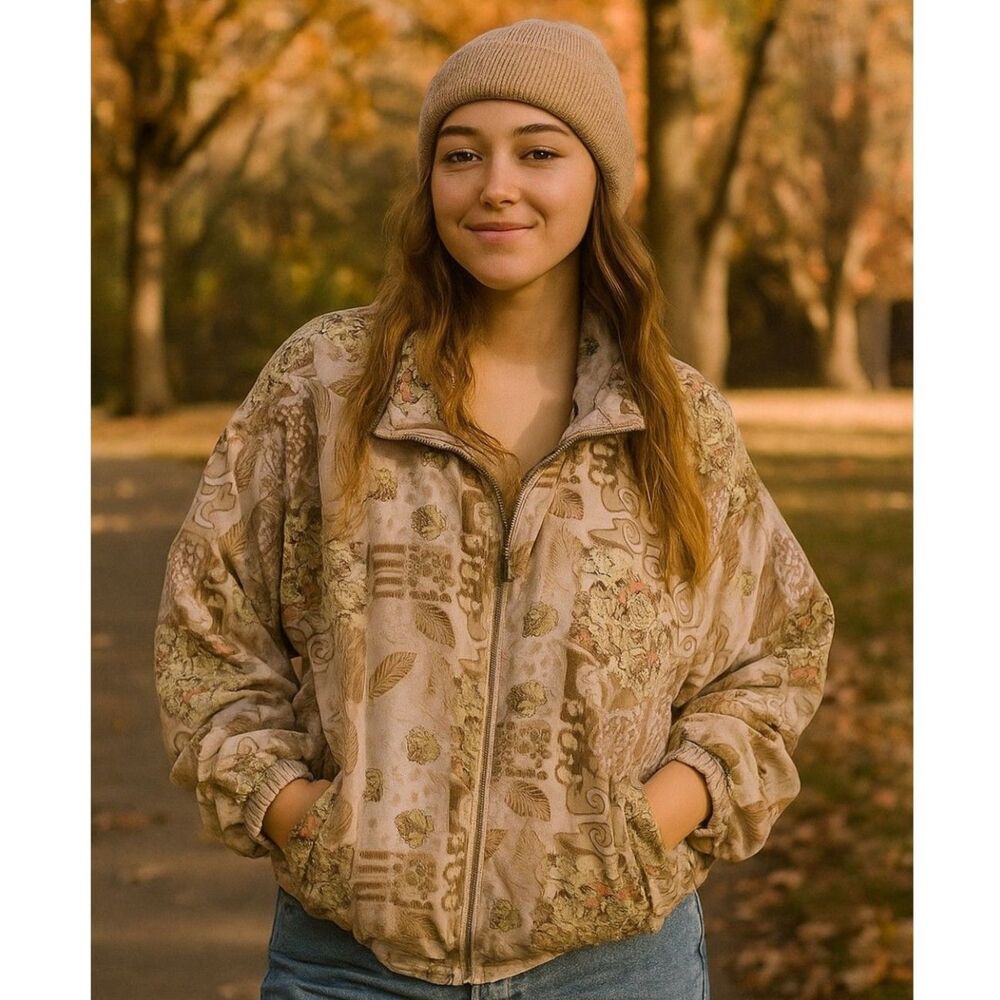 Vintage 90s EVR Silk Bomber Jacket Womens Sz XL Patchwork Windbreaker Festival